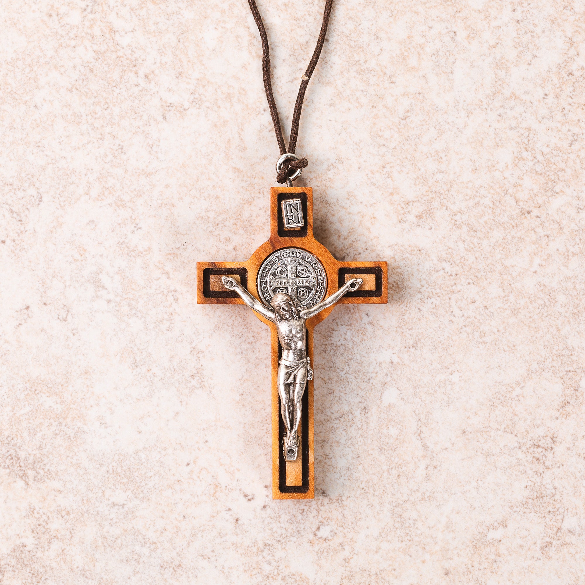 Olive Wood St. Benedict Crucifix Corded Necklace