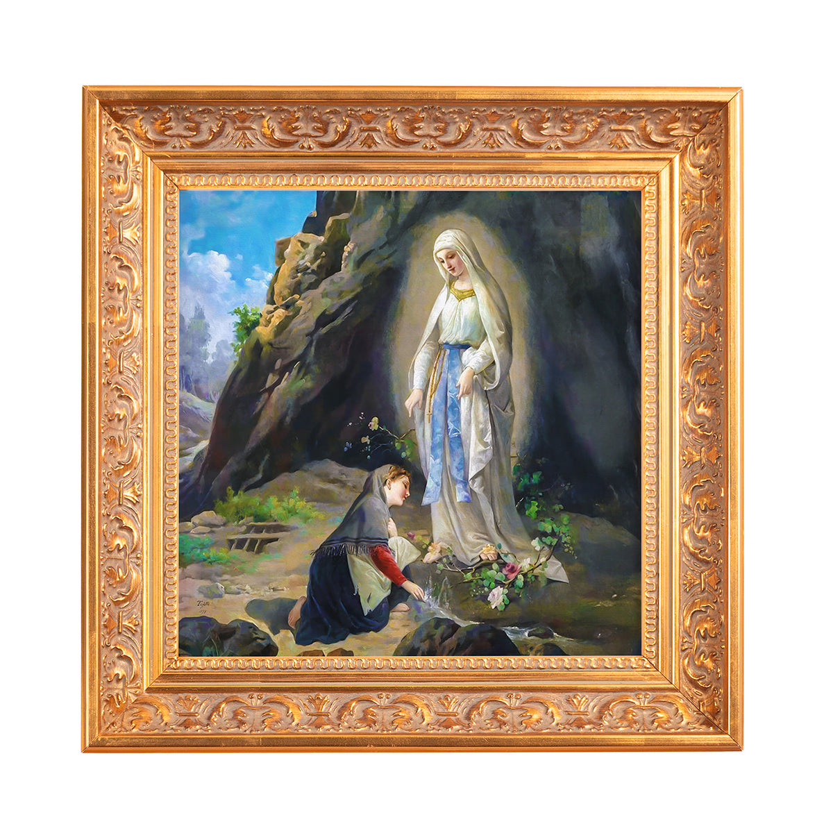 Religious artwork of woman kneeling before Our Lady of Lourdes in gold frame.