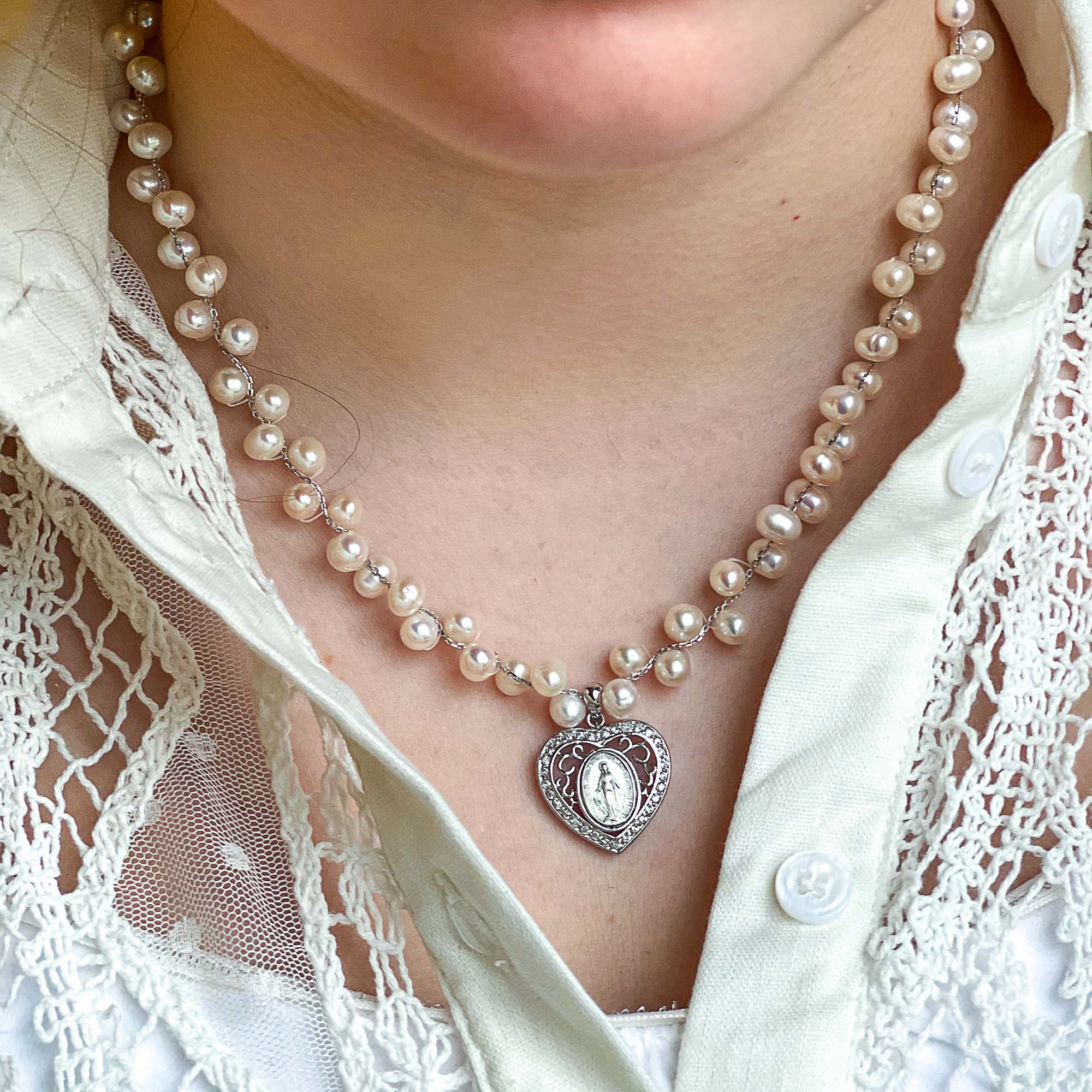 Grapevine Pearl Miraculous Medal Heart Necklace