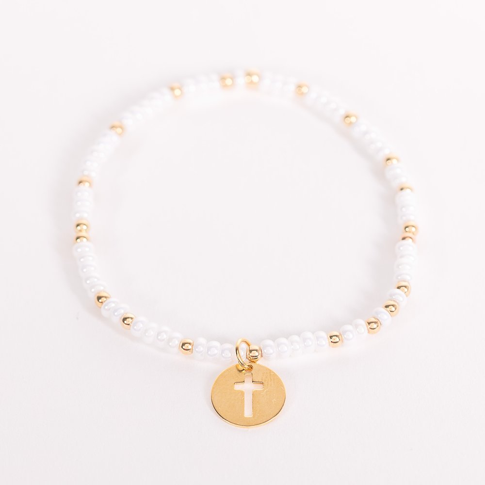 14 KT Gold Filled Pearl & Gold Bead Cross Cutout Charm Bracelet