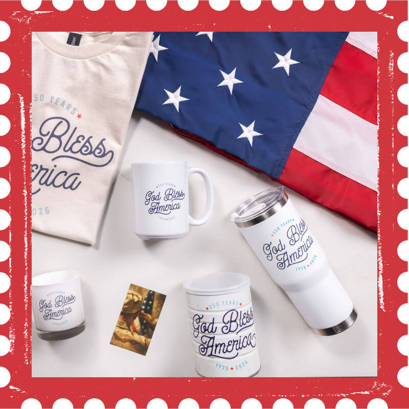 Patriotic merchandise with 'God Bless America' text on a white background with an American flag.