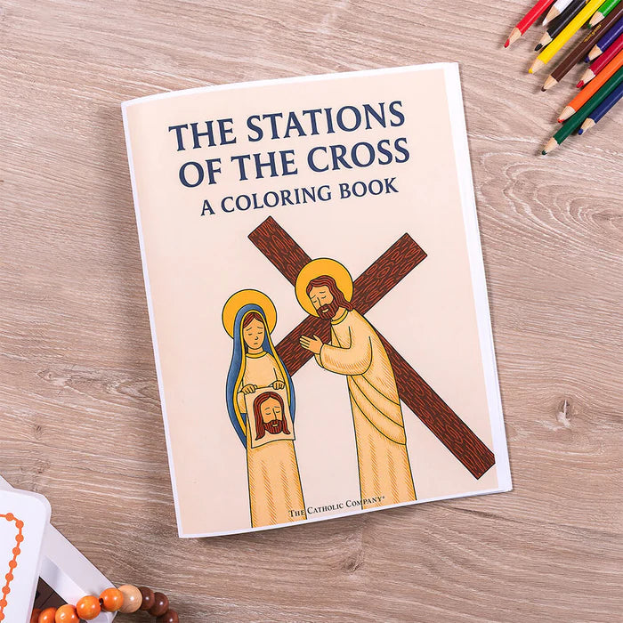 Cover of “The Stations of the Cross” Catholic coloring book with illustrated Jesus carrying the cross.