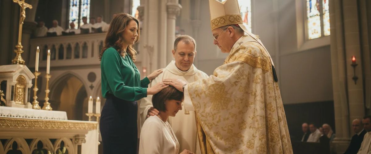 Catholic bishop blessing a woman during a church ceremony