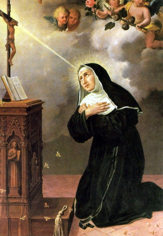 Which saint is portrayed with a thorn wound in her head?