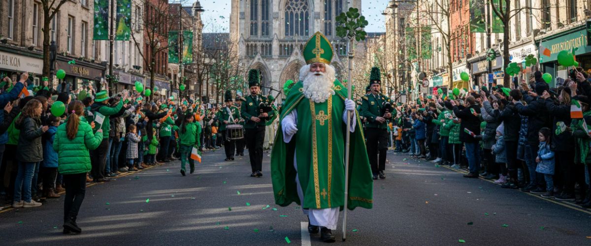 St. Patrick leading a green-themed St. Patrick’s Day parade with crowds lining the street