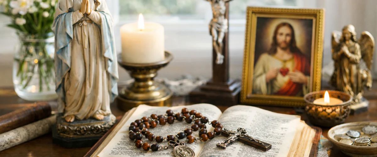 Catholic prayer altar with Bible, rosary, candles, statue of Mary, and image of Jesus.