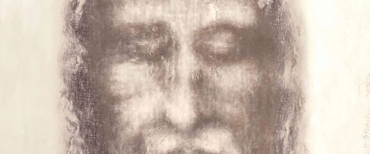 Faint sepia-toned image of a bearded man’s face with closed eyes, resembling a traditional depiction of Jesus.
