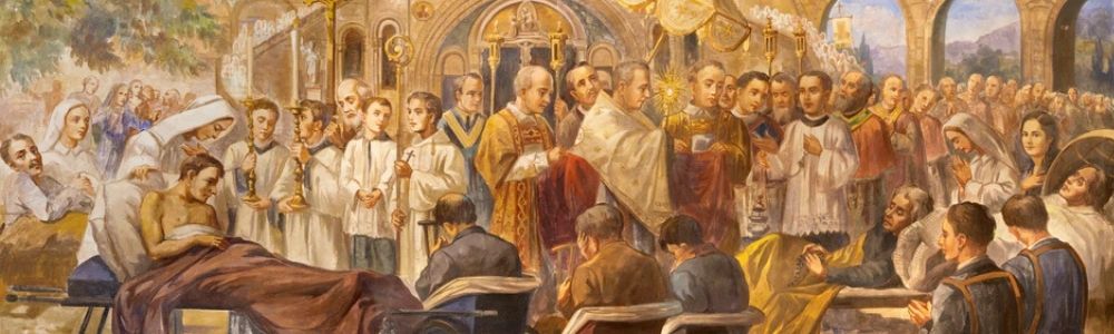 ucharistic procession with clergy and faithful gathered around a bedridden person inside a church.