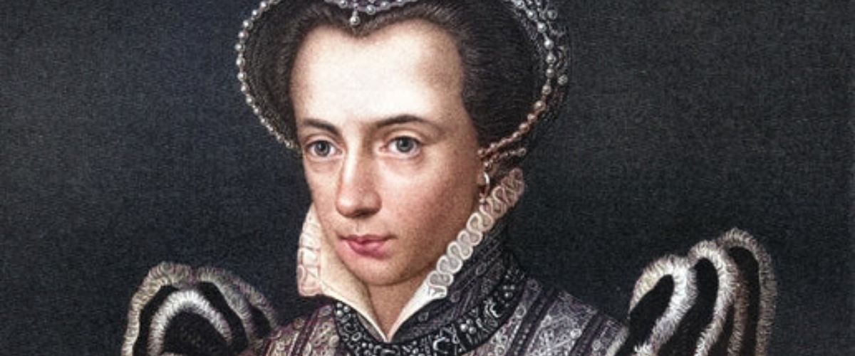 Portrait of a woman in ornate historical dress with a jeweled headdress and puffed sleeves against a dark background.