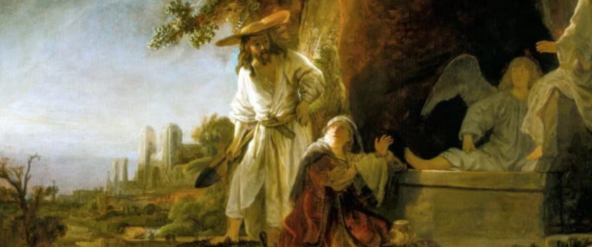 Jesus standing near the empty tomb as angels sit inside, speaking to a kneeling woman in a rocky garden setting