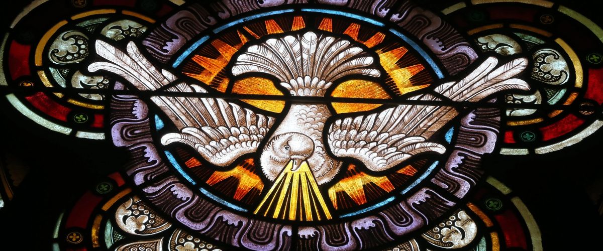 Stained glass depiction of a white dove radiating golden light, symbolizing the Holy Spirit