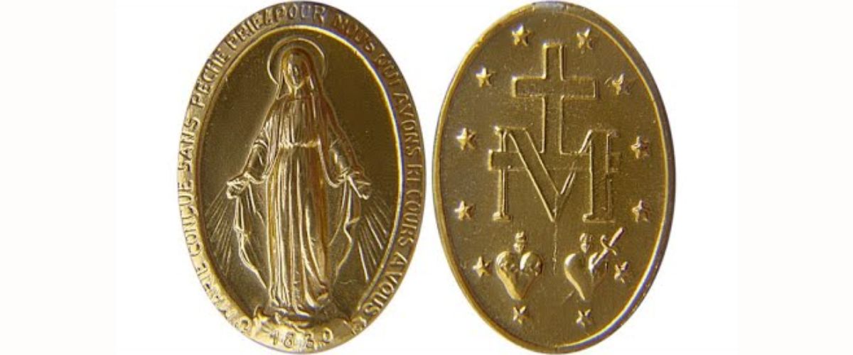 Gold Miraculous Medal showing the Virgin Mary on the front and the cross with “M” and stars on the back