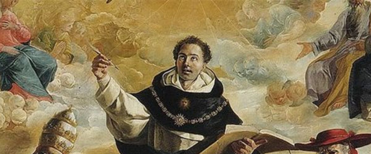 A religious painting showing a central figure in a black robe with a white collar, gesturing while holding a scroll, surrounded by saints and theologians—including St. Thomas Aquinas—in liturgical attire, set against a cloudy background.