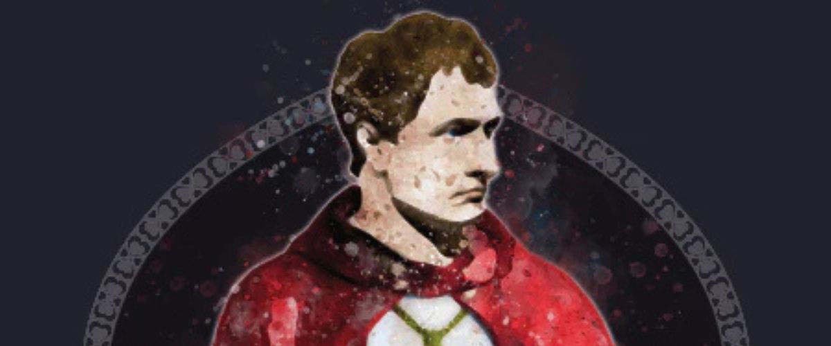 An illustration of St. Valentine, depicted as a man in a red cloak wearing a cross necklace, holding a book, and standing before an ornate arched background.