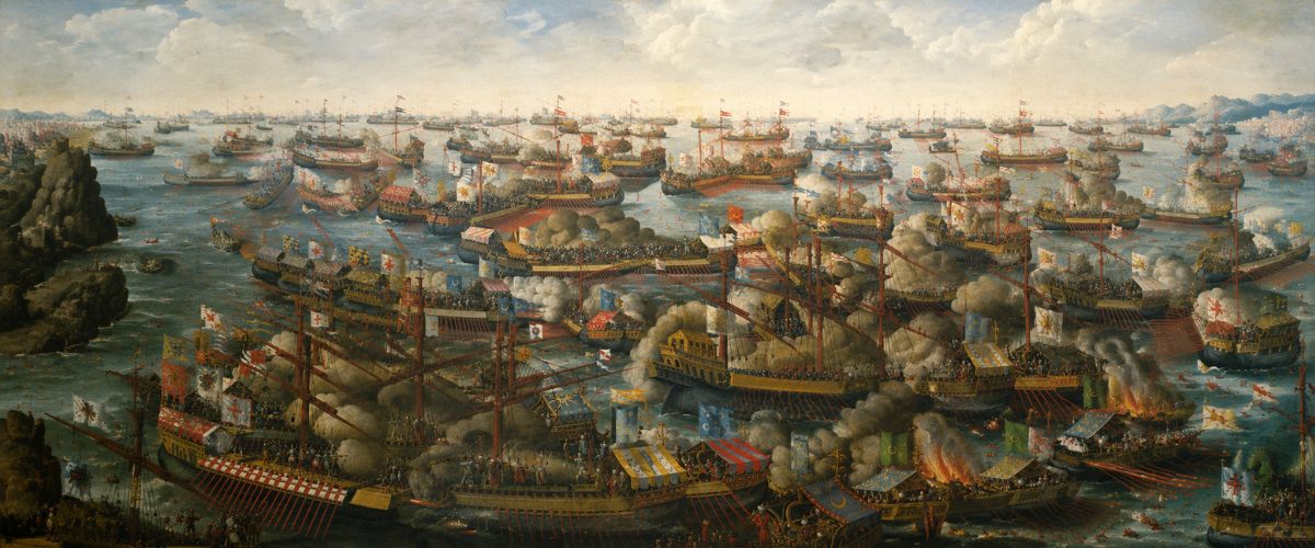 Historic naval battle painting with crowded warships, smoke, and flags across the sea