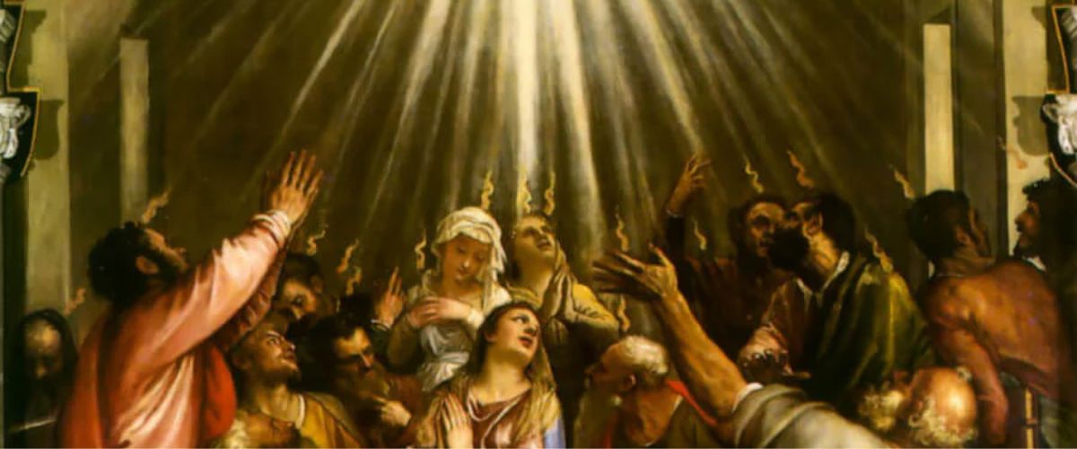 A painting of people gathered under a glowing dove, with rays of light descending from above, symbolizing the Holy Spirit