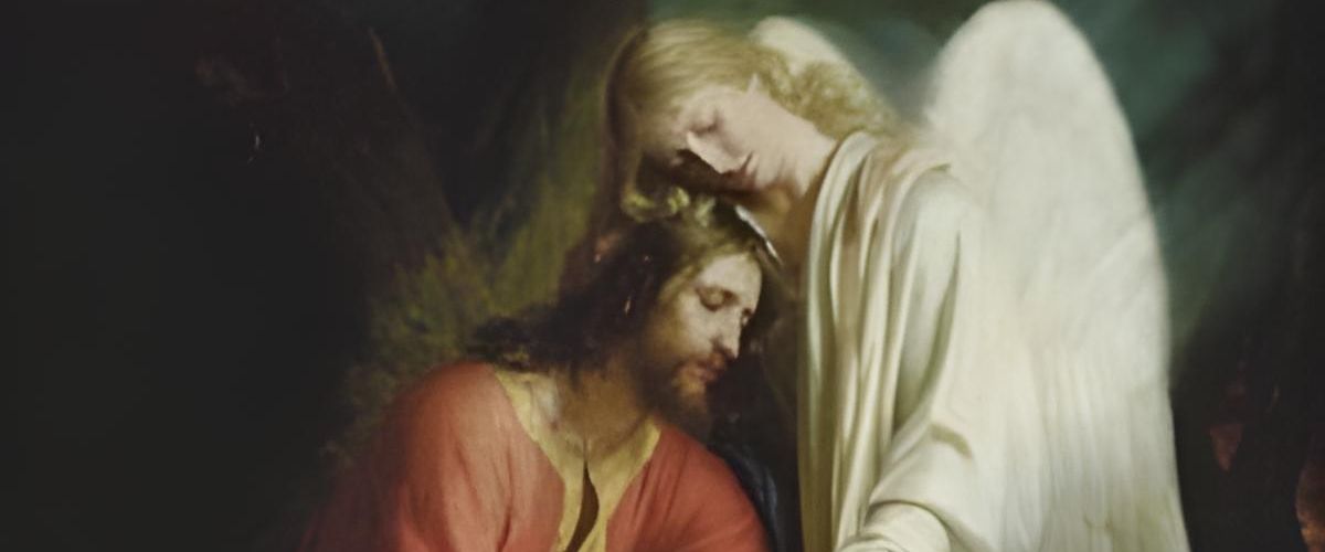 A painting of Jesus praying in a garden while an angel gently comforts Jesus.