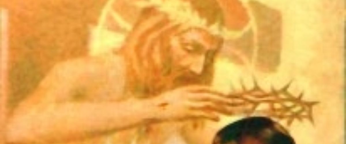 Painting of Jesus placing a crown of thorns above a kneeling priest holding a glowing Eucharistic host