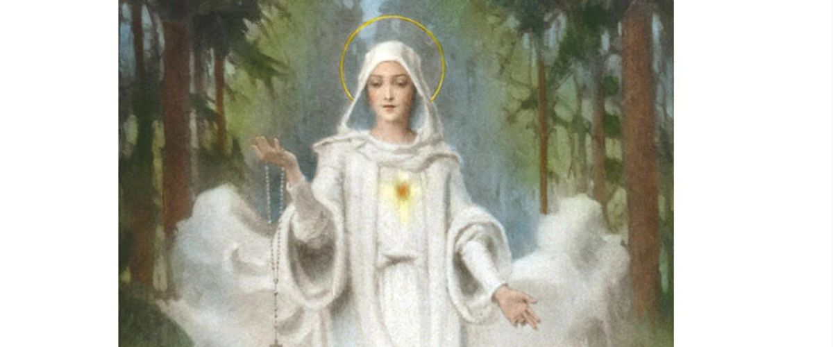 Illustration of Our Lady of Fatima appearing to three children with sheep surrounding them