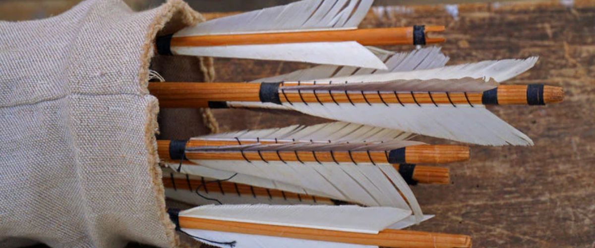 Bundle of wooden arrows with white feather fletching in a fabric quiver