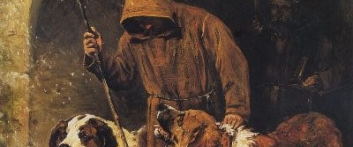 Painting of a hooded monk holding a staff with two Saint Bernard dogs at his side.