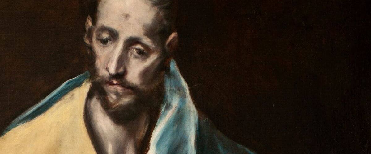 Painting of a solemn bearded man holding a large book, draped in a blue and gold robe.