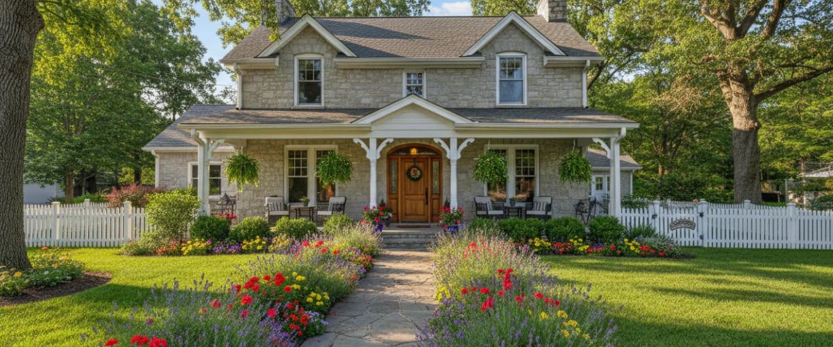 Charming two-story stone house with a covered porch, surrounded by a colorful flower garden and a stone pathway leading to the front door