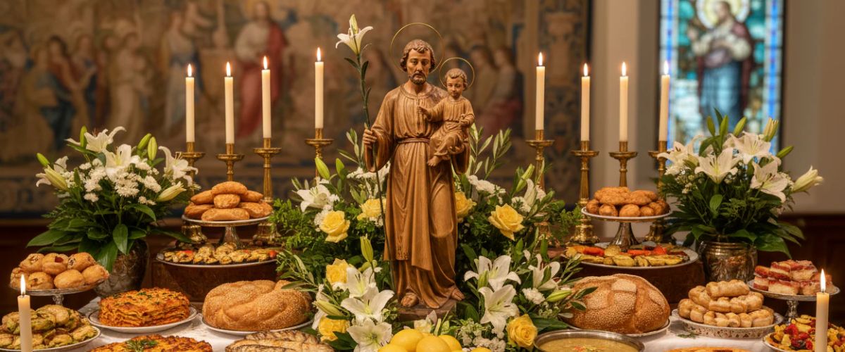 St. Joseph statue surrounded by candles, flowers, and traditional foods on a devotional table
