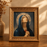 An ornate gold-framed religious art print of the Virgin Mary, styled on a wooden table next to a ceramic vase with dried branches under warm, sunlit window shadows.