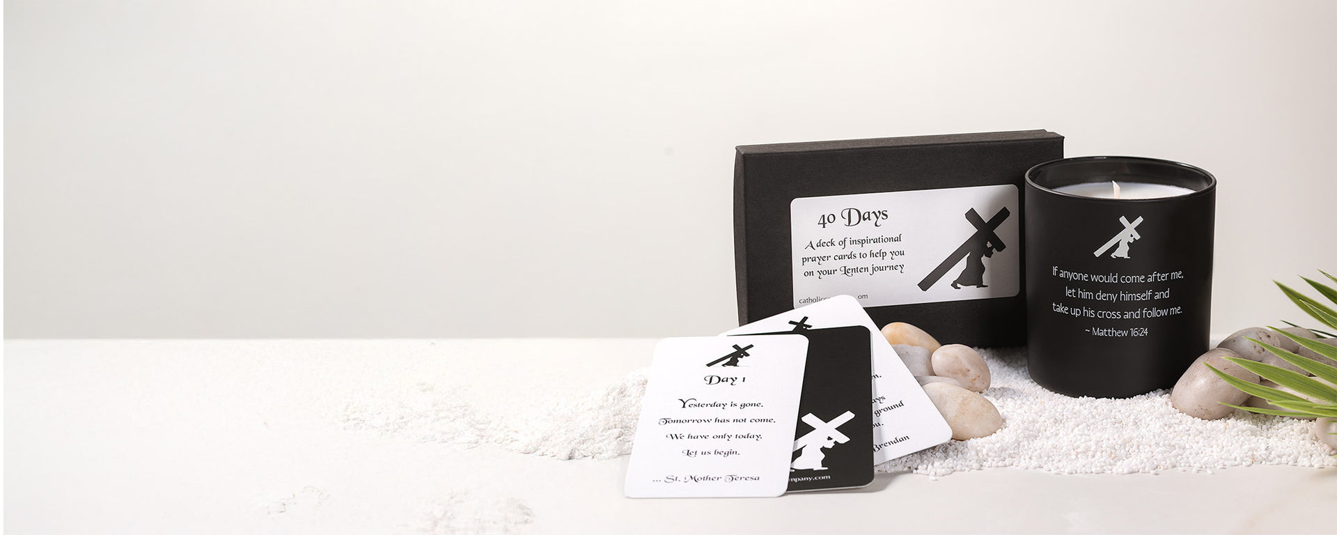 Minimalist black-and-white Christian devotional set featuring a candle, prayer cards, and a “40 Days” box with a cross design.