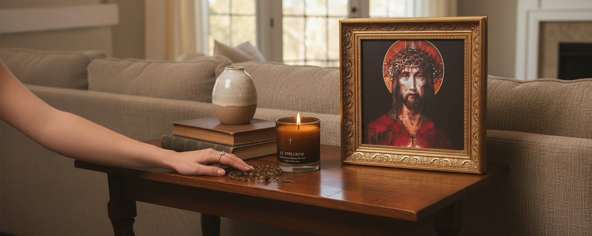 Hand reaching for a rosary beside a candle and framed image of Jesus on a wooden table.