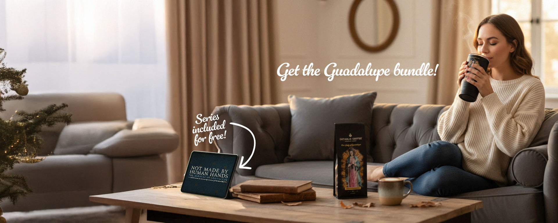 Woman relaxing on a sofa with a warm drink beside books and a Guadalupe bundle product displayed on a cozy living room table.