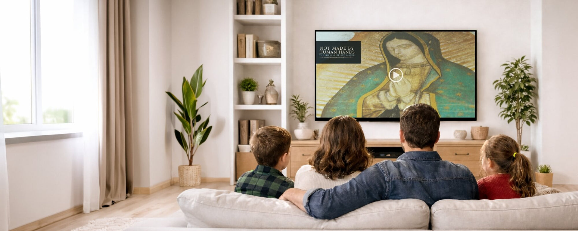 Family sitting on a couch watching a TV displaying an image of Our Lady of Guadalupe.