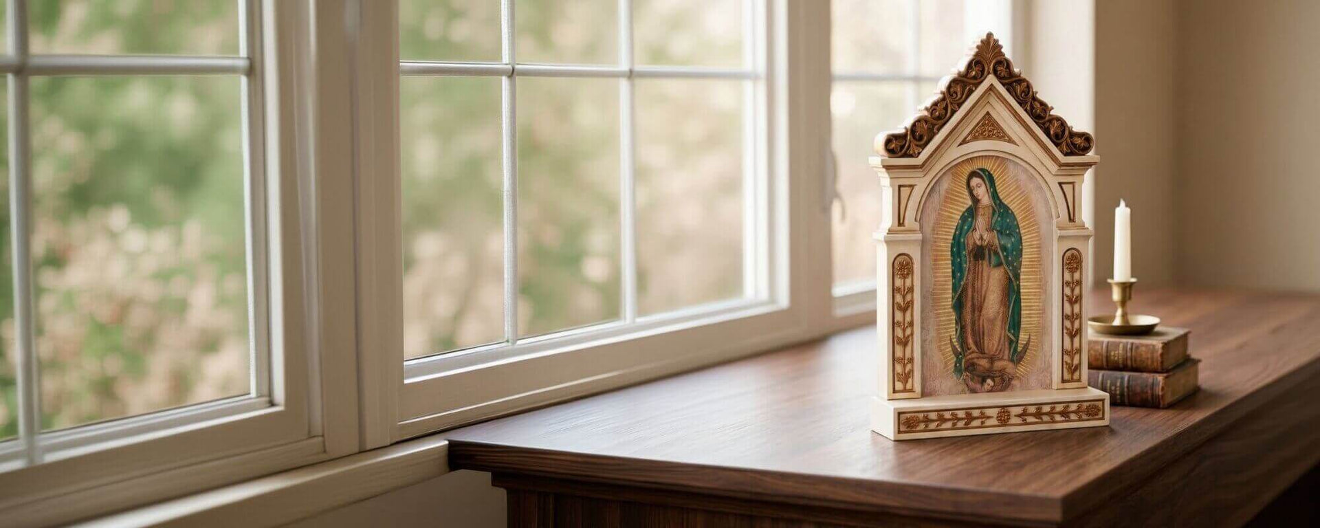 Home altar with a Marian shrine beside a window, featuring a statue of Our Lady of Guadalupe, a candle, and stacked books.