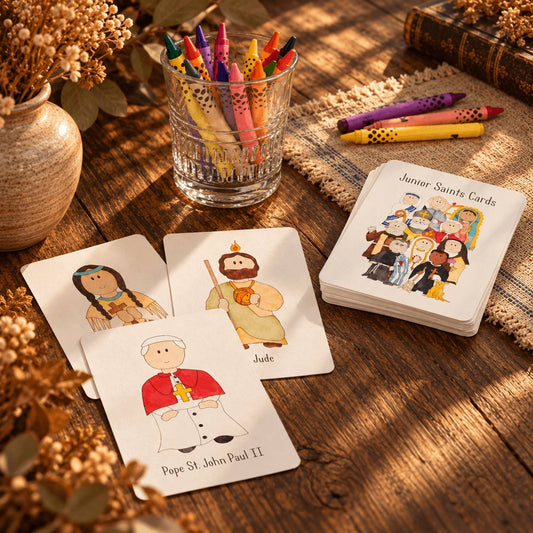 Kids catholic card game laid out on a seasonal autumnal background.