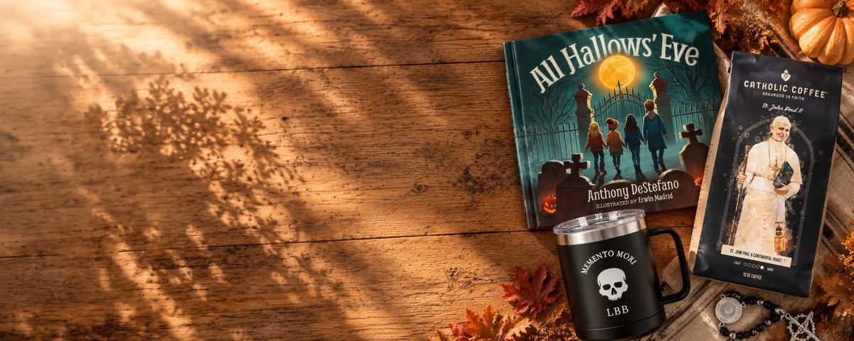 Catholic book, coffee, and mug in a fall seasonal background.
