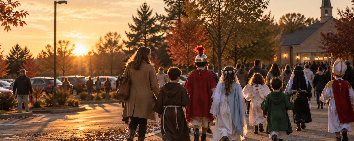 Families and children dressed as Catholic saints walking toward a church at sunset.