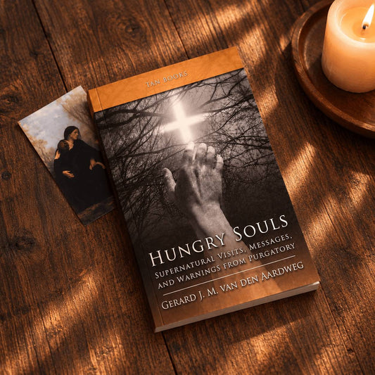 Book titled "Hungry Souls" with All Souls prayer card on a wooden table with candle.