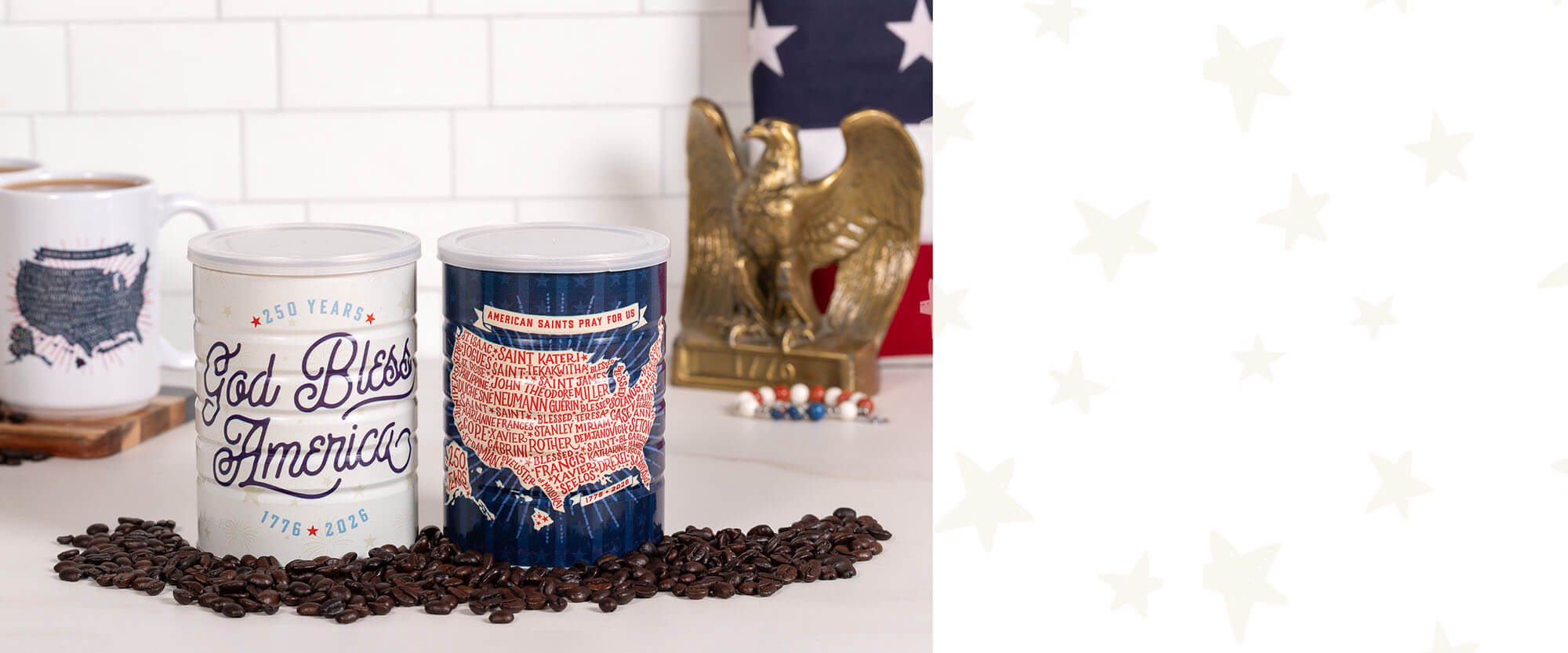 Two coffee cans with U.S. map designs on a surface with coffee beans.