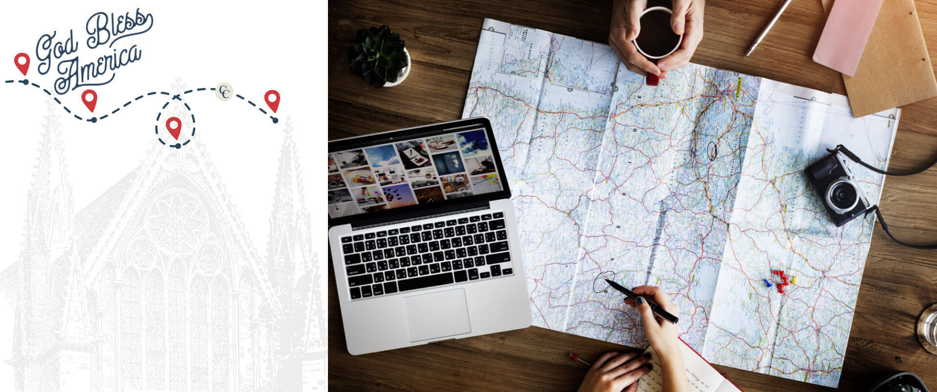 Two maps on a wooden surface with a laptop, camera, and coffee cup, featuring 'God Bless America' text.
