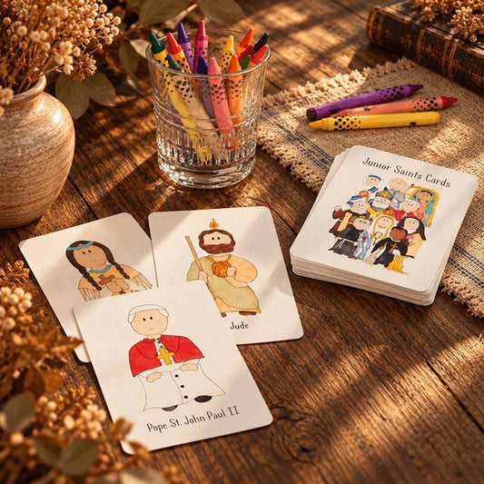 Stack of Junior Saint Cards on a wooden table with a glass cup full of crayons.