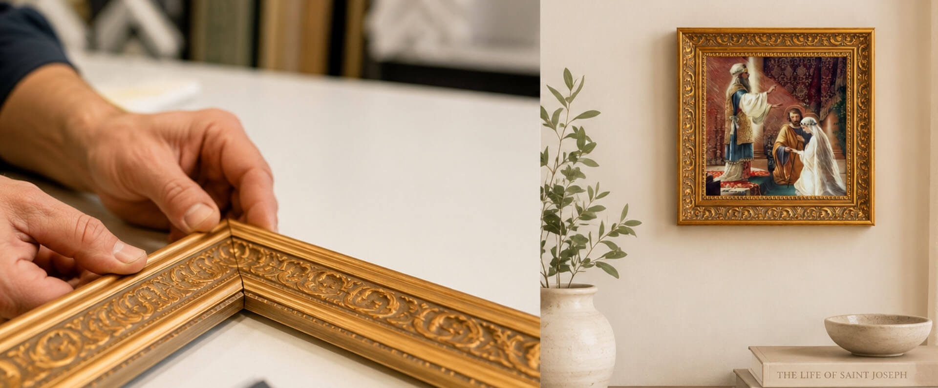 A split-screen view showing a person's hands assembling a decorative gold ornate picture frame on the left, and the framed artwork hanging on a wall in a styled room on the right.