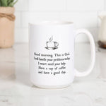 White mug with text and coffee cup illustration on a white surface.