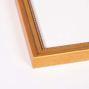 Close-up of a decorative picture frame corner with a warm gold finish and beaded inner trim, shown on a plain white background.