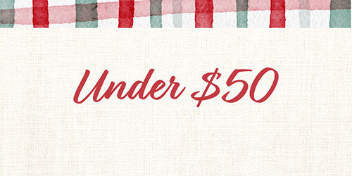 Text 'Under $50' on a plaid background