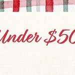 Text 'Under $50' on a plaid background