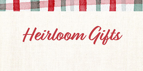 Text 'Heirloom Gifts' on a plaid background