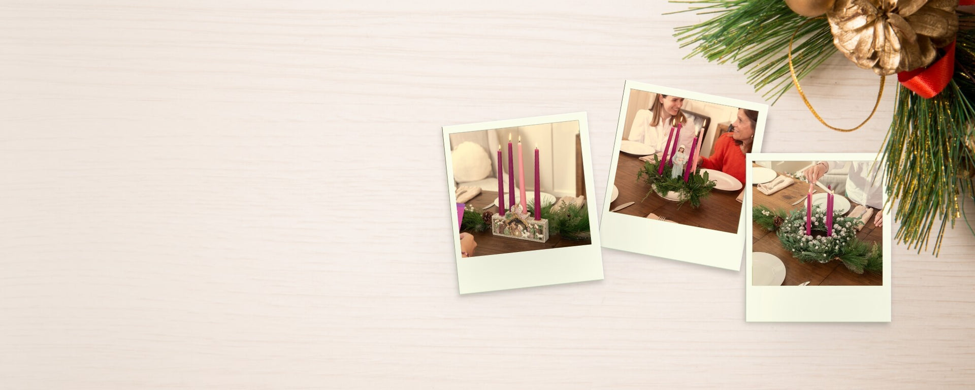 Three Polaroid-style photos of a festive scene with candles and greenery on a light background.