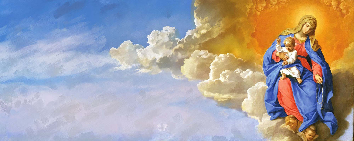 Painting of Mary holding baby Jesus in a cloud, on top of two angels with the sun shining behind.