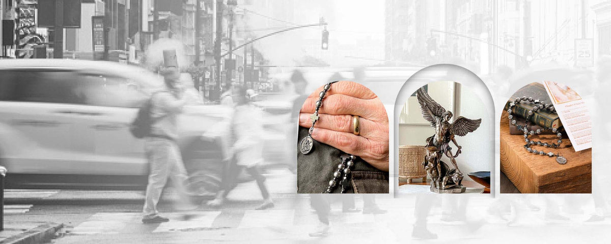 Collage of a city street scene with blurred motion, a hand holding jewelry, a statue, and a product display.